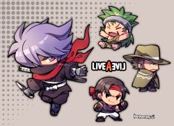 Rule 34 | 4boys, black eyes, chibi, chibi only, clenched hands, closed mouth, copyright name, cowboy hat, fang, fighting stance, fingerless gloves, full body, gloves, green hair, grey background, hair over one eye, hat, headband, holding, holding weapon, kotorai, kunai, live a live, long sideburns, male focus, mask, multiple boys, oboro-maru (live a live), outstretched arms, pants, pogo (live a live), purple eyes, purple hair, red headband, shawl, sideburns, spread arms, sundown kid, sword, takahara masaru, weapon, weapon on back, white pants