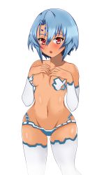 Rule 34 | 1girl, absurdres, alter (kkrp2278), bare shoulders, blue hair, breasts, hair between eyes, hands on own chest, highres, open mouth, rance (series), rance 10, red eyes, short hair, silky littleraisin, small breasts, solo, white background, white legwear