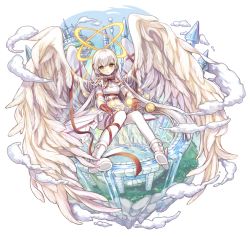 Rule 34 | 1girl, angel, angel wings, blush, boots, castle, cloud, cloudy sky, commentary request, day, double halo, feathered wings, floating, floating island, full body, gloves, halo, long hair, looking at viewer, merc storia, michellia, neck ribbon, orb, pants, pillar, pure (cookieby), red gloves, red ribbon, ribbon, sky, tower, very long hair, water, white hair, white pants, white wings, wing ribbon, wings, yellow eyes