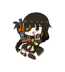 Rule 34 | 1girl, :d, black eyes, black thighhighs, blush, bottle, braid, brown hair, chibi, drooling, eyepatch, girls&#039; frontline, headphones, headphones around neck, jack daniel&#039;s, jacket, long hair, m16a1 (girls&#039; frontline), necktie, nemoga, open mouth, shin guards, simple background, single thighhigh, smile, solo, thighhighs, white background, yellow eyes