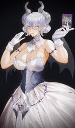 Rule 34 | 1girl, bat wings, black background, breasts, card, cleavage, commentary, dress, duel monster, english commentary, highres, holding, holding card, horns, large breasts, looking at viewer, lovely labrynth of the silver castle, mole, mole under eye, parted lips, pointy ears, short hair, simple background, smile, solo, tomatolover16, white dress, white hair, wings, yu-gi-oh!, yu-gi-oh! master duel
