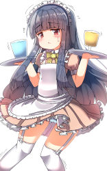 Rule 34 | 1girl, :&lt;, absurdres, apron, black hair, blush, brown dress, closed mouth, cup, dress, drink, drinking glass, flying sweatdrops, frilled apron, frilled dress, frills, garter straps, gluteal fold, hands up, highres, holding, holding tray, idolmaster, idolmaster cinderella girls, idolmaster cinderella girls starlight stage, long hair, looking at viewer, maid apron, maid headdress, motion lines, panties, pleated dress, puffy short sleeves, puffy sleeves, red eyes, sajo yukimi, short sleeves, simple background, solo, striped clothes, striped panties, sweat, thighhighs, tray, umberblack, underwear, very long hair, white background, white thighhighs