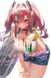 Rule 34 | 1girl, absurdres, azur lane, blue shorts, blush, breasts, bremerton (azur lane), can, cleavage, collarbone, commentary, english commentary, english text, grin, hair between eyes, hair intakes, hair ornament, highres, holding, holding can, huge breasts, looking at viewer, multicolored hair, panty straps, red eyes, red hair, rossy (yowayowachimpo), shorts, simple background, smile, solo, tank top, teeth, thighs, twintails, two-tone hair, white background, white tank top