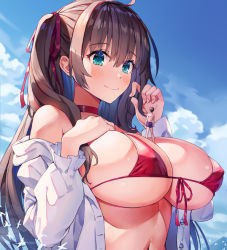 Rule 34 | 1boy, 1girl, ahoge, apple (luffy123), bikini, bird, blue sky, blush, breasts, choker, closed mouth, cloud, commentary request, day, front-tie top, giant, giantess, green eyes, hair ribbon, jacket, korean commentary, large breasts, long hair, long sleeves, looking at viewer, navel, original, red bikini, red choker, red ribbon, revision, ribbon, size difference, sky, smile, swimsuit, twintails, upper body, white jacket
