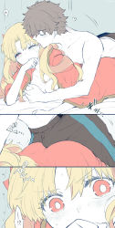 Rule 34 | 1boy, 1girl, azumi (myameco), blonde hair, blush, grabbing another&#039;s breast, breasts, brown hair, bulge, buttjob, buttjob over clothes, cape, closed eyes, erection, erection under clothes, ereshkigal (fate), fate/grand order, fate (series), fujimaru ritsuka (male), grabbing, grabbing from behind, hair between eyes, hair ribbon, hetero, long hair, lying, medium breasts, on stomach, one eye closed, open mouth, red cape, red eyes, red ribbon, ribbon, short hair, tongue, tongue out