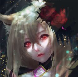 Rule 34 | 1girl, animal ears, artist name, bad id, bad pixiv id, blonde hair, brave frontier, closed mouth, eyelashes, flower, hair between eyes, hair flower, hair ornament, kyrie meii, long hair, pink lips, pixiv username, red eyes, red flower, red rose, rose, solo, upper body, watermark, web address, witch