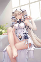 Rule 34 | 1girl, absurdly long hair, absurdres, azur lane, barefoot, black choker, black neckwear, black sailor collar, bow, dress bow, breasts, brown eyes, choker, clothing cutout, dress, dress bow, dress flower, elbow gloves, feather dress, formidable (azur lane), formidable (timeless classics) (azur lane), gloves, hair ornament, heart, heart-shaped pupils, highres, indoors, large breasts, crossed legs, long hair, luoloo, nail polish, navel cutout, official alternate costume, pink nails, platinum blonde hair, sailor collar, single elbow glove, sleeveless, sleeveless dress, solo, symbol-shaped pupils, toes, twintails, two-tone dress, very long hair, white dress, window