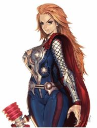 Rule 34 | 1girl, armor, blonde hair, genderswap, genderswap (mtf), long hair, marvel, scale armor, solo, thor (marvel), weapon