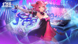 Rule 34 | 1girl, arm up, armpits, bare shoulders, black dress, breasts, cleavage, detached sleeves, dj, dress, fenrir (tower of fantasy), frilled shirt collar, frills, hair flaps, hair ornament, hairclip, highres, long hair, looking at viewer, multicolored hair, official art, open mouth, orange eyes, outstretched arm, phonograph, pink dress, pink hair, prosthesis, prosthetic arm, purple hair, see-through, sleeveless, sleeveless dress, small breasts, smile, solo, stage, stage lights, thick eyebrows, tower of fantasy, turntable, two-tone dress, two-tone hair, wavy hair
