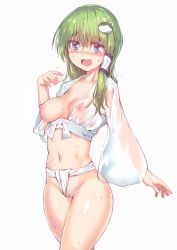 Rule 34 | 1girl, bad id, bad pixiv id, blue eyes, blush, cameltoe, clothing aside, collarbone, covered erect nipples, cowboy shot, eyebrows, frog hair ornament, fundoshi, fundoshi aside, green hair, hair ornament, hair tubes, heart, heart-shaped pupils, japanese clothes, kochiya sanae, long sleeves, looking at viewer, mizu happi, navel, nipples, one breast out, open mouth, pussy, see-through, shirt, simple background, solo, standing, sweat, symbol-shaped pupils, touhou, wet, wet clothes, wet shirt, white background, yonaga (masa07240)