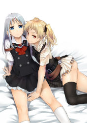 Rule 34 | 2girls, arm support, ass, blonde hair, blue eyes, hand on another&#039;s face, looking at viewer, multiple girls, naughty face, original, red eyes, silver hair, sitting, smile, thighhighs, torii yoshitsuna, twintails