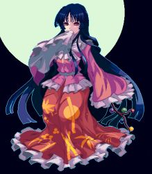 Rule 34 | 1girl, black background, bow, bowtie, branch, covered mouth, frilled kimono, frilled skirt, frilled sleeves, frills, full body, full moon, holding, holding branch, houraisan kaguya, japanese clothes, kimono, long hair, long sleeves, looking at viewer, mmmmatimmmmati, moon, one-hour drawing challenge, pink kimono, red eyes, red skirt, skirt, sleeves past fingers, sleeves past wrists, solo, standing, touhou, very long hair, white bow, white bowtie, wide sleeves