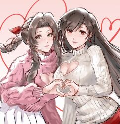 Rule 34 | 2girls, aerith gainsborough, alternate costume, braid, braided ponytail, breasts, brown hair, cleavage, cleavage cutout, clothing cutout, earrings, final fantasy, final fantasy vii, final fantasy vii remake, green eyes, grey sweater, hair between eyes, hair ribbon, heart, heart cutout, heart earrings, heart hands, heart hands duo, highres, jewelry, kivavis, large breasts, light blush, long hair, long sleeves, looking at viewer, medium breasts, multiple girls, parted bangs, pink background, pink sweater, red eyes, red ribbon, red skirt, ribbon, sidelocks, single braid, skirt, smile, straight hair, sweater, tifa lockhart, turtleneck, turtleneck sweater, upper body, wavy hair, white skirt