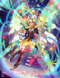 Rule 34 | 1girl, ahoge, belt, blue eyes, cardfight!! vanguard, copyright notice, floating, floating object, floating sword, floating weapon, from below, full body, gloves, glowing, glowing sword, glowing weapon, hair between eyes, high heels, highres, innocent total march rianone vivace, magic, multiple swords, musical note, nijimaarc, official art, open mouth, red thighhighs, short hair, skirt, sword, thighhighs, weapon, white footwear, white gloves, yellow skirt