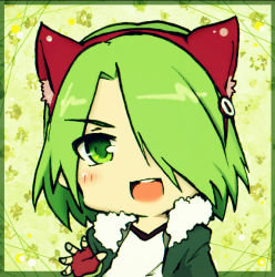 Rule 34 | akame ga kill!, animal ears, blush, cat ears, fingerless gloves, gloves, goggles, goggles on head, green eyes, green hair, green jacket, hair over one eye, jacket, looking at viewer, lubbock, open mouth, shirt, short hair, smile, teeth, tongue, white shirt