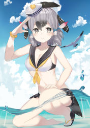 Rule 34 | 1girl, absurdres, animal, bare arms, bare shoulders, bikini, bird, bird tail, black hair, black skirt, blue sky, breasts, cloud, collarbone, commentary request, day, flip-flops, greater roadrunner (kemono friends), grey hair, hair tubes, hat, head wings, highres, kemono friends, kemono friends 2, looking at viewer, medium breasts, medium hair, mochorinpun, multicolored hair, on one knee, outdoors, partially submerged, partially underwater shot, sailor bikini, sailor collar, salute, sandals, scrunchie, seagull, skirt, sky, smile, solo, squatting, swimsuit, tail, tilted headwear, underwater, wading, water, wings, wrist scrunchie, yellow neckwear, yellow scrunchie