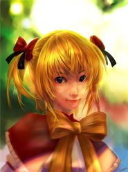 Rule 34 | 1girl, absurdres, black eyes, blonde hair, bow, bowtie, capelet, close-up, female focus, hair bow, highres, lips, realistic, samanta, short hair, solo, sunny milk, touhou, twintails