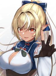 Rule 34 | 1girl, absurdres, blonde hair, bow, breasts, brown gloves, cleavage, cleavage cutout, clothing cutout, dark-skinned female, dark elf, dark skin, elf, gloves, hair bow, hair intakes, high collar, high ponytail, highres, hololive, large breasts, light blush, long hair, looking at viewer, multicolored hair, open mouth, partially fingerless gloves, pointy ears, red eyes, ringopan, shiranui flare, shiranui flare (old design), shoulder cutout, simple background, smile, solo, streaked hair, underbust, upper body, v-shaped eyebrows, virtual youtuber, white background, white hair, wide sleeves