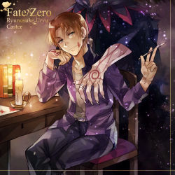 Rule 34 | 2boys, black eyes, blood, candle, character name, claws, command spell, copyright name, earrings, fate/zero, fate (series), gilles de rais (caster) (fate), head out of frame, jacket, jewelry, male focus, multiple boys, orange hair, purple jacket, ring, scalpel, uryuu ryuunosuke, yonetsuki kana