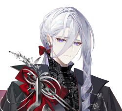 Rule 34 | 1boy, alternate costume, ban tang siji qing, black coat, black shirt, bow, brooch, cael anselm, closed mouth, coat, dangle earrings, drill hair, drill sidelocks, earrings, hair behind ear, hair between eyes, hair ribbon, jewelry, lace shirt, lapel pin, long bangs, long coat, long hair, long sleeves, looking at viewer, lovebrush chronicles, low ponytail, male focus, purple eyes, red bow, red ribbon, ribbon, shirt, sidelocks, simple background, single sidelock, smile, solo, upper body, white background, white hair