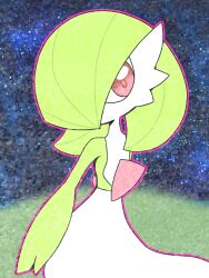 Rule 34 | 1girl, arm at side, blue sky, bob cut, colored skin, creatures (company), female focus, flat chest, game freak, gardevoir, gen 3 pokemon, grass, green hair, green skin, hair over one eye, highres, looking at viewer, multicolored skin, night, nintendo, no mouth, one eye covered, outdoors, outline, pink outline, pokemon, pokemon (creature), red eyes, short hair, sky, solo, sparkle, standing, star (sky), two-tone skin, white skin, yuri (fl0werspace)
