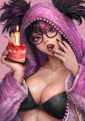 Rule 34 | 1girl, anniversary, bespectacled, black bra, black hair, bra, breasts, cake, candle, cleavage, commentary request, food, glasses, green eyes, han juri, heterochromia, highres, holding, holding cake, holding food, large breasts, looking at viewer, miche, multicolored hair, nail polish, number candle, official alternate costume, onesie, open mouth, pajamas, pink eyes, pink hair, pink pajamas, solo, streaked hair, street fighter, street fighter 6, underwear, upper body