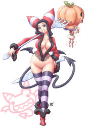 Rule 34 | 1girl, bat wings, bottomless, breasts, cleavage, curvy, demon tail, fork, halloween, hip focus, huge breasts, jack-o&#039;-lantern, kenix, long hair, matching hair/eyes, original, pumpkin, purple eyes, purple hair, pussy, smile, solo, striped clothes, striped thighhighs, tail, thighhighs, uncensored, white background, wide hips, wings