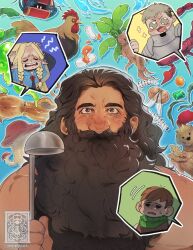 Rule 34 | 1girl, 3boys, bara, beard, beard over mouth, chilchuck tims, dungeon meshi, dwarf, facial hair, food-themed background, highres, holding, holding ladle, ladle, laios touden, long beard, male focus, mandrake, marcille donato, multiple boys, mustache, nude, poppypari, senshi (dungeon meshi), shaded face, shout lines, solo focus, sparkling eyes, thick mustache, upper body, very long beard