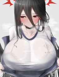 Rule 34 | 1girl, black choker, black hair, black wings, blue archive, blush, bra visible through clothes, breasts, choker, collarbone, gym uniform, hair between eyes, halo, hasumi (blue archive), hasumi (track) (blue archive), highres, huge breasts, jacket, long hair, metae, mole, mole under eye, official alternate costume, ponytail, red eyes, shirt, solo, steam, very long hair, white shirt, wings