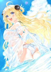 Rule 34 | 1girl, absurdres, ass, bare shoulders, bikini, bikini under clothes, blonde hair, blue eyes, blue sky, blush, breasts, curled horns, highres, hololive, horns, kou mashiro, large breasts, long hair, looking at viewer, ocean, open mouth, sheep girl, sheep horns, sky, smile, solo, swimsuit, thighs, tsunomaki watame, virtual youtuber, wading, white bikini