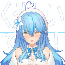 Rule 34 | 1girl, absurdres, ahoge, bad id, bad pixiv id, bare shoulders, beret, blue bow, blue hair, blue neckwear, blush, bow, braid, breasts, brown eyes, cleavage, commentary request, crossed bangs, flower, fur trim, hair between eyes, hair flower, hair ornament, half updo, hat, highres, hololive, long hair, looking at viewer, medium breasts, multicolored hair, open mouth, plaid, plaid bow, pointy ears, portrait, solo, streaked hair, tihoro1609, translation request, virtual youtuber, white flower, yellow eyes, yukihana lamy