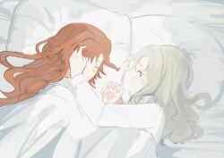 Rule 34 | 2girls, bed, bed sheet, blue eyes, blush, braid, closed eyes, closed mouth, commentary, english commentary, grey hair, hand in another&#039;s hair, highres, holding hands, long hair, long sleeves, matilda bouanich, multiple girls, nelizx, on bed, orange hair, pillow, reverse:1999, shirt, side braid, sonetto (reverse:1999), under covers, white shirt