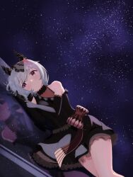 Rule 34 | 1girl, animal ears, bare shoulders, black dress, black gloves, bonchenpint, bow, breasts, curren chan (sakutsuki ma cherie) (umamusume), dress, ear covers, elbow gloves, gloves, grey hair, hashtag-only commentary, highres, horse ears, horse girl, horse tail, lying, medium breasts, official alternate costume, on side, pink bow, purple eyes, reflection, short hair, sky, solo, star (sky), starry sky, tail, umamusume
