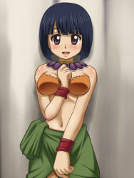 Rule 34 | 1girl, arm between breasts, arm up, awa, bare shoulders, between breasts, blue hair, blush, bra, bracelet, breasts, facing viewer, fairy tail, hand up, happy, jewelry, looking to the side, lulu (fairy tail), medium breasts, navel, necklace, open mouth, orange bra, purple eyes, short hair, skirt, smile, solo, standing, stomach, tongue, underwear