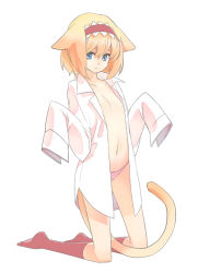 Rule 34 | 1girl, :&lt;, alice margatroid, animal ears, bad id, bad pixiv id, between legs, blonde hair, blue eyes, cat ears, cat girl, cat tail, dool, dress shirt, female focus, flat chest, hairband, kemonomimi mode, kneeling, long sleeves, looking at viewer, no bra, no pants, open clothes, open shirt, oversized clothes, panties, shirt, short hair, simple background, sleeves past wrists, socks, solo, striped clothes, striped panties, tail, tail between legs, touhou, underwear, white background