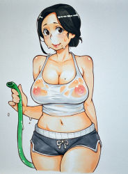 Rule 34 | 1girl, adultonly, bad id, bad pixiv id, bare shoulders, black hair, breasts, brown eyes, cleavage, colored pencil (medium), cowboy shot, folded ponytail, grey background, hose, large breasts, lips, looking at viewer, midriff, mature female, mole, mole on breast, mole under mouth, navel, nipples, original, see-through, short hair, short shorts, shorts, smile, solo, tank top, traditional media, wet, wet clothes