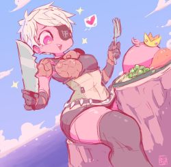 Rule 34 | 1girl, armor, artist name, black skirt, black thighhighs, blonde hair, blue sky, breastplate, breasts, character request, cloud, crown, day, drooling, dutch angle, eyepatch, female focus, food, fork, freckles, green shirt, hands up, happy, holding, horizon, jpeg artifacts, knife, looking down, medium breasts, miniskirt, monster hunter, monster hunter (series), monster hunter x, ocean, open mouth, outdoors, pencil skirt, plate, poogie, red eyes, shiny skin, shirt, short hair, short sleeves, shoulder armor, signature, sketch, skirt, sky, smile, solo, sparkle, starmilk, teeth, thighhighs, tree stump, water, yellow headwear, zettai ryouiki