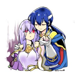 Rule 34 | 1boy, 1girl, aura, bare shoulders, blue hair, brother and sister, cape, circlet, closed eyes, corruption, dark aura, dark persona, fire emblem, fire emblem: genealogy of the holy war, gloves, hand on another&#039;s shoulder, headband, holding hands, julia (fire emblem), julia (heart usurped) (fire emblem), long hair, mind control, nintendo, ponytail, purple hair, red eyes, seliph (fire emblem), siblings, simple background, smile, white headband, yukia (firstaid0)