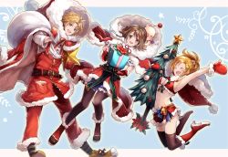 Rule 34 | 1boy, blonde hair, breasts, brown hair, christmas, commentary request, closed eyes, final fantasy, final fantasy x, gloves, green eyes, midriff, multiple girls, navel, open mouth, pantyhose, rikku (ff10), sasanomesi, short hair, swimsuit, thighhighs, tidus, yuna
