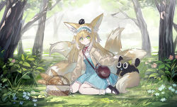 Rule 34 | 1girl, animal, animal ears, animal on head, arknights, basket, black cat, blonde hair, cardigan, cat, cat on head, commentary, echj, forest, fox ears, fox girl, fox tail, frilled hairband, frills, hair down, hairband, heixiu, highres, kitsune, kneeling, kyuubi, long hair, luo xiaohei, multiple tails, nature, neck ribbon, official alternate costume, on head, revision, ribbon, sitting, suzuran (arknights), suzuran (spring praise) (arknights), tail, luo xiaohei zhanji, wariza, yellow cardigan, yellow eyes