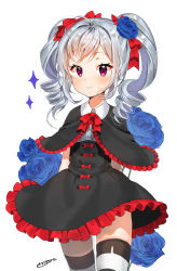 Rule 34 | 10s, 1girl, absurdres, bad id, bad pixiv id, blush, capelet, dr poapo, drill hair, flower, highres, idolmaster, idolmaster cinderella girls, kanzaki ranko, long hair, red eyes, rose, silver hair, smile, solo, striped clothes, striped legwear, striped thighhighs, thighhighs, twin drills, twintails