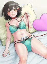 Rule 34 | 1girl, aqua bra, aqua panties, bed, black hair, bra, breasts, brown eyes, cowboy shot, hair ornament, heart, heart-shaped pillow, heart tattoo, highres, kantai collection, leash, medium breasts, mikan 29344886, panties, pillow, pubic tattoo, sendai (kancolle), sendai kai ni (kancolle), sitting, solo, tattoo, two side up, underwear, underwear only