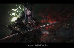 Rule 34 | 1girl, artist name, aura, belt, black border, blood, bloodborne, blood on clothes, blurry, blurry background, border, bow, brown gloves, cape, ascot, depth of field, english text, gloves, glowing, glowing weapon, hair bow, hat, hat over one eye, highres, holding, holding weapon, lady maria of the astral clocktower, looking at viewer, oreki genya, red eyes, serious, signature, solo, standing, sword, tricorne, upper body, weapon, white hair, window