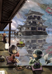 Rule 34 | &gt; &lt;, 6+girls, animal ears, architecture, arms behind head, biwa lute, blouse, blue hair, bow, bowl, brooch, brown hair, cape, castle, chibi, cirno, closed eyes, cloud, cloudy sky, cup, double dealing character, dress, east asian architecture, fins, flying, food, full moon, hair bow, head fins, highres, horikawa raiko, imaizumi kagerou, instrument, jacket, japanese clothes, jewelry, keikou ryuudou, kijin seija, kimono, konnyaku (food), lamp, light purple hair, lute (instrument), lying, mallet, mermaid, monster girl, moon, mountain, multiple girls, obi, on back, outstretched arms, parted lips, plate, pointing, red hair, reflection, running, sash, sekibanki, shirt, short hair, short sleeves, sitting, skirt, sky, smile, soaking feet, spread arms, sukuna shinmyoumaru, teapot, toothpick, touhou, tsukumo benben, tsukumo yatsuhashi, upside-down, wakasagihime, water, when you see it, wolf ears, yunomi