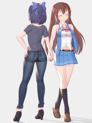 Rule 34 | 2girls, a-chan (hololive), ass, bad id, bad nicoseiga id, black hair, black socks, blue bow, blue skirt, bow, breasts, brown hair, closed eyes, collarbone, copyright request, denim, facing viewer, hair bow, hand grab, hand on own hip, high heels, highres, hololive, iwahana, jeans, kneehighs, large breasts, long hair, multiple girls, navel, pants, pantylines, short hair, short ponytail, short sleeves, skirt, sleeveless, socks, tokino sora, tokino sora (old design), virtual youtuber
