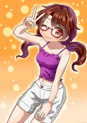 Rule 34 | 1girl, alternate costume, arm up, aura, bare arms, brown hair, casual, collarbone, commentary request, cowboy shot, glasses, gradient background, hand on own thigh, highres, light particles, low twintails, midriff, navel, orange background, orange eyes, purple shirt, red-framed eyewear, semi-rimless eyewear, shirt, short hair, shorts, sleeveless, sleeveless shirt, smile, solo, spaghetti strap, sugiyama ichirou, swept bangs, thigh gap, touhou, twintails, under-rim eyewear, usami sumireko, v, white shorts