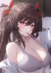 Rule 34 | + +, 1girl, absurdres, black hair, blush, breasts, cleavage, genshin impact, highres, hu tao (genshin impact), k.j., large breasts, looking at viewer, red eyes, shirt, solo, sports bra, toothbrush, twintails, white shirt