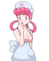 Rule 34 | 1girl, apron, bare shoulders, blue eyes, breasts, breasts out, clenched hand, collarbone, creatures (company), female focus, game freak, hair rings, hand up, hat, hisafumi, joy (pokemon), looking to the side, medium breasts, nintendo, nipples, nurse cap, open mouth, pink hair, pokemon, pokemon (anime), pokemon (classic anime), solo, transparent background, white apron, white hat