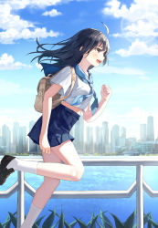 Rule 34 | 1girl, absurdres, ahoge, bag, black hair, blue neckerchief, blue sailor collar, blue sky, brown footwear, building, city, cityscape, cloud, commentary, cruise ship, english commentary, fence, grass, highres, holding, holding bag, kneehighs, leg up, loafers, long hair, neckerchief, open mouth, original, outdoors, purple eyes, running, sailor collar, school uniform, serafuku, ship, shoes, short sleeves, sky, socks, solo, teeth, upper teeth only, water, watercraft, white socks, yeolyeo