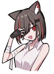 Rule 34 | 1girl, :3, :d, animal ear fluff, animal ears, bandaged arm, bandages, bare shoulders, black gloves, bob cut, breasts, cat ears, collarbone, collared shirt, colored inner animal ears, commentary request, cropped torso, dot nose, earrings, fang, fingerless gloves, gloves, grey hair, hair ornament, hair over one eye, hairclip, hand up, head tilt, highres, jewelry, looking at viewer, looking to the side, medium breasts, morphling (artist), multicolored hair, neneko mashiro, open collar, open mouth, pentagram, raised eyebrow, red eyes, red hair, shirt, short hair, simple background, sleeveless, sleeveless shirt, smile, solo, stellive, streaked hair, swept bangs, thick eyelashes, three quarter view, virtual youtuber, white background, white shirt